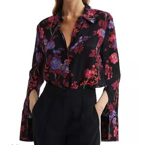 Reiss Floral Bell Sleeve Blouse in Black and Red